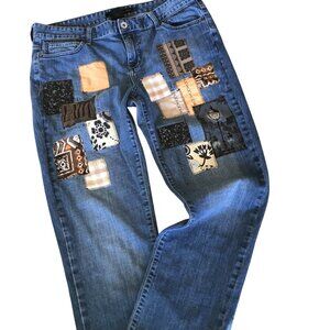 Upcycled Patchwork Jeans, 14: Boho Hippie Pants, Coffee Theme, Recycled Denim